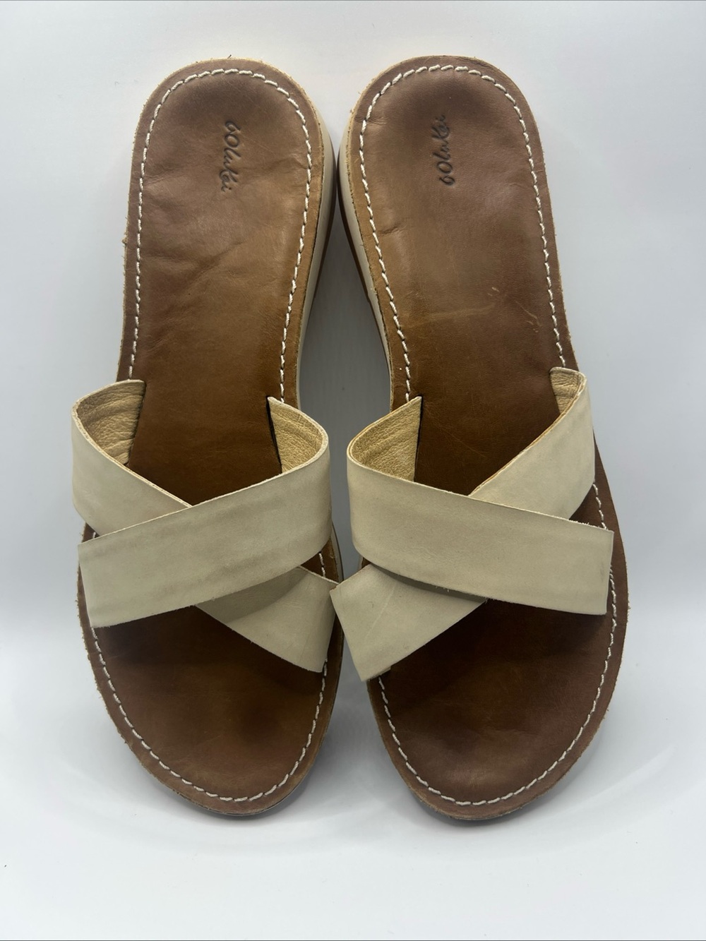 OluKai Beige Crisscross Slide Sandals
